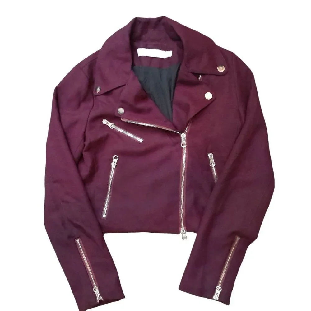 Womens Cropped Moto Streetwear Jacket Gold Zip Details Size Small Burgundy